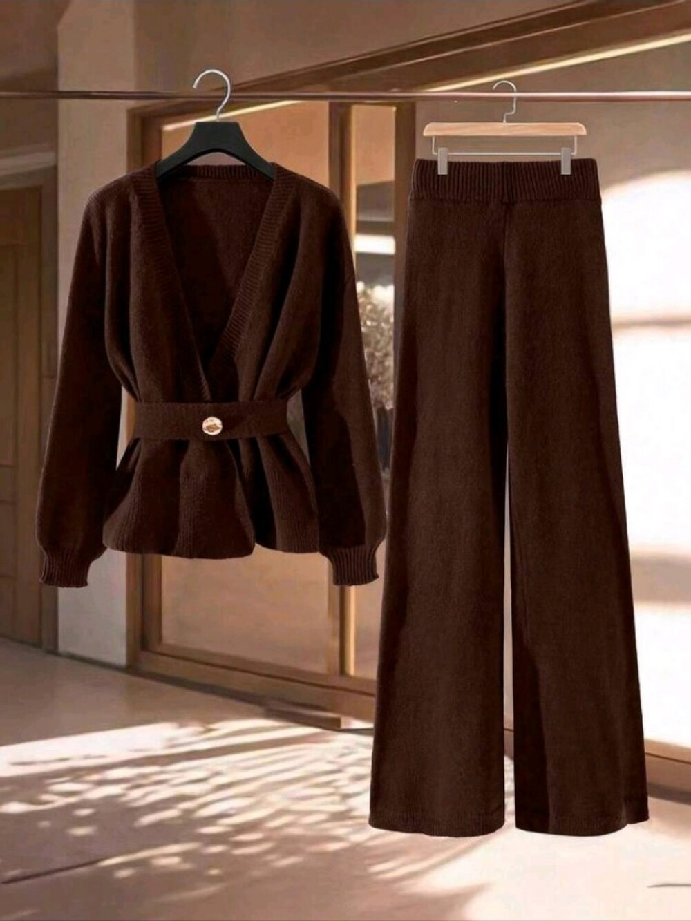Women's Elegant Solid Color Knitted Sweater And Pants 2 Pieces Set, Autumn - Picture 7 of 7